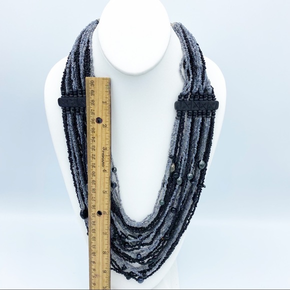 Substantial Seed Bead Multi Strand Faux Pearl Black & Gray Statement Necklace - Picture 5 of 10